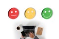 businessman select happy on satisfaction evaluation? feedback And good mood smiley customer experience rating online consumer