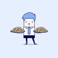 Businessman serve money coin on the plate. Cartoon character thin line style vector