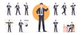 Businessman set isolated. Man in the workplace. Office worker in suit. Cartoon people in different poses and actions. Cute male Royalty Free Stock Photo