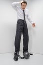 Businessman in shackles. Full length of shocked businessman look