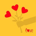 Businessman shadow hand holding bunch bouquet of heart flowers. Yellow background. Love card. Flat design.