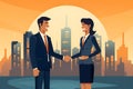 businessman shake hand businesswoman, building background character design, Generated AI