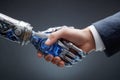 Businessman shaking hands with futuristic robotic hand symbolizing advanced technology collaboration and the integration of human Royalty Free Stock Photo