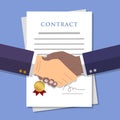 Businessman shaking hands over signed contract. Business deals symbol vector illustration Royalty Free Stock Photo