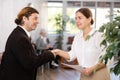 Businessman shaking hands with smiling young woman in office Royalty Free Stock Photo