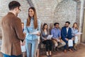 Businessman shaking hands with woman, job interview Royalty Free Stock Photo