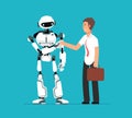 Businessman shaking robots hand. Artificial intelligence, human vs robot vector futuristic background