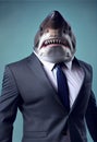 A businessman with shark head in business suit against grey-blue background Royalty Free Stock Photo