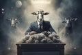 Businessman with sheep heads at the desk