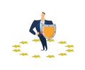 Businessman with a shield in circle of EU stars. GDPR, RGPD, DSGVO, DPO. Flat vector illustration. Isolated on white