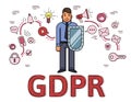 Businessman with a shield among internet and social media symbols. General data protection regulation. GDPR, RGPD, DSGVO Royalty Free Stock Photo