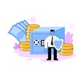 Businessman with a shield protecting savings and investments in front of big safe box. Flat vector illustration