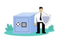 Businessman with a shield protecting savings and investments in front of big safe box. Flat vector illustration
