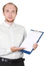 Businessman in shirt showing document isolated