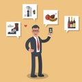 Businessman shopping on-line different goods like groceries, shoes and meats. Colored flat-style illustration on yellow