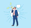 Businessman shouting through loud speaker energetic Hailer shouted with megaphone Leadership speech Flat vector illustration