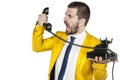 Businessman shouting into the phone handset, nerves exploded