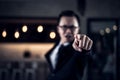 Businessman shouting and pointing finger at you because he is very angry from Sales reports decreased Royalty Free Stock Photo