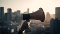 Businessman shouting success message through megaphone in urban skyline sunset generated by AI