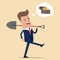 Businessman with a shovel is dreaming of finding a treasure chest with coins. Vector illustration