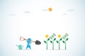 Businessman with shovel and plant, investment and business concept