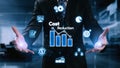 Businessman Presenting Cost Reduction Strategy with Graphs and Icons in Modern Office Setting, Concept of Financial Royalty Free Stock Photo