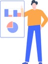 Businessman showing bar graph and pie chart, presenting financial report, analyzing statistical data, explaining