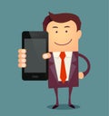 Businessman showing a blank smart phone screen vector illustration