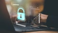 Businessman showing data access protection with key icon, cyber security ,Protecting data from theft ,digital security unlocking