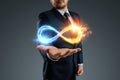 Businessman showing infinity sign, Fire ice sign on gray background