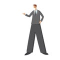 Businessman showing or pointing something beside of him. Abstract style flat illustration isolated on white background.