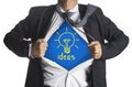 Businessman showing a superhero suit underneath idea light bulb