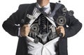 Businessman showing a superhero suit underneath machinery Royalty Free Stock Photo