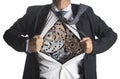 Businessman showing a superhero suit underneath machinery Royalty Free Stock Photo