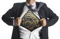 Businessman showing a superhero suit underneath machinery metal Royalty Free Stock Photo