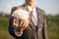 Businessman shows a brain composed of cloud Royalty Free Stock Photo