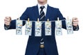 Businessman shows laundered money. Businessman holding money hanging on a rope Royalty Free Stock Photo