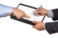 Businessman Sign Contract Pointing Customer Hands Royalty Free Stock Photo