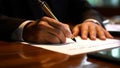A businessman signs a crucial employment contract with a pen. Generative AI