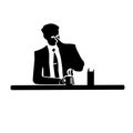 Businessman silhouette of a man in a suit and tie on white background.Corrects glasses and drinking from a mug.
