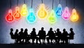 Businessman Silhouettes brainstorming meeting under colorful creative planning idea bulbs business meeting and with light bulbs