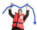 Businessman sinking in crisis, lifejacket metaphor Royalty Free Stock Photo