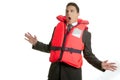 Businessman sinking in crisis, lifejacket metaphor Royalty Free Stock Photo