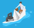 Businessman in sinking paper boat with heavy taxes