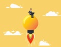 Concept of creative idea. Businessman sits on flying rocket light bulb. Royalty Free Stock Photo