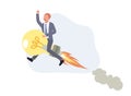 Businessman sits on flying rocket light bulb. Creative idea or inspiration concept. vector illustration Royalty Free Stock Photo