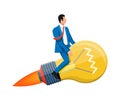 Businessman sits on flying rocket light bulb. Royalty Free Stock Photo