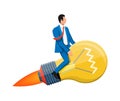 Businessman sits on flying rocket light bulb.