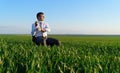 Businessman sits in an office chair in a field and rests, freelance and business concept, green grass and blue sky as background