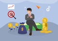 Businessman proudly sitting on banknotes and purse with business success concept vector illustration Royalty Free Stock Photo